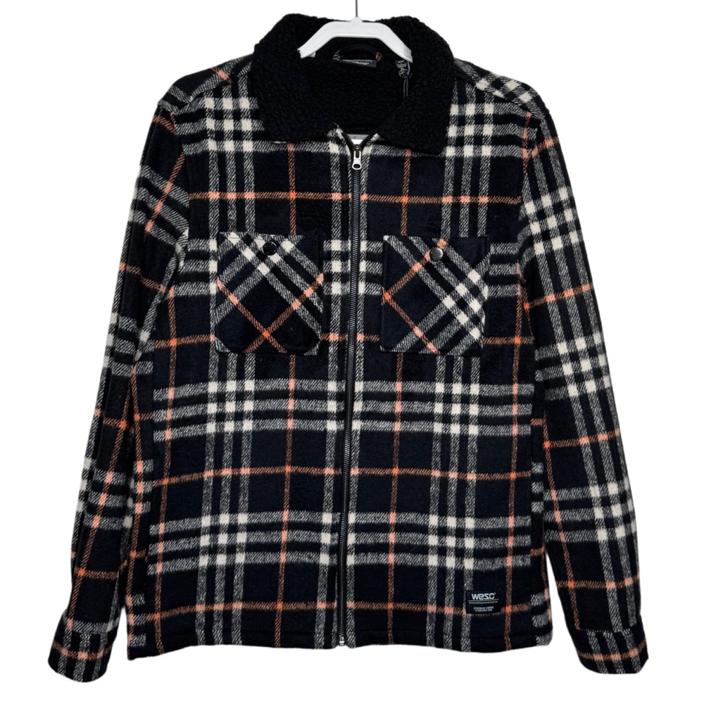 WeSC Liam Plaid Fleece Full-Zip Shirt Jacket Shacket Black Paid Unisex Sz‎ L/XL